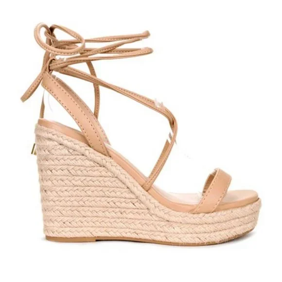 NEW Lace-Up Ankle Wrap Faux Leather Straps Espadrille Wedge Sandals Natural Nude - Picture 6 of 10